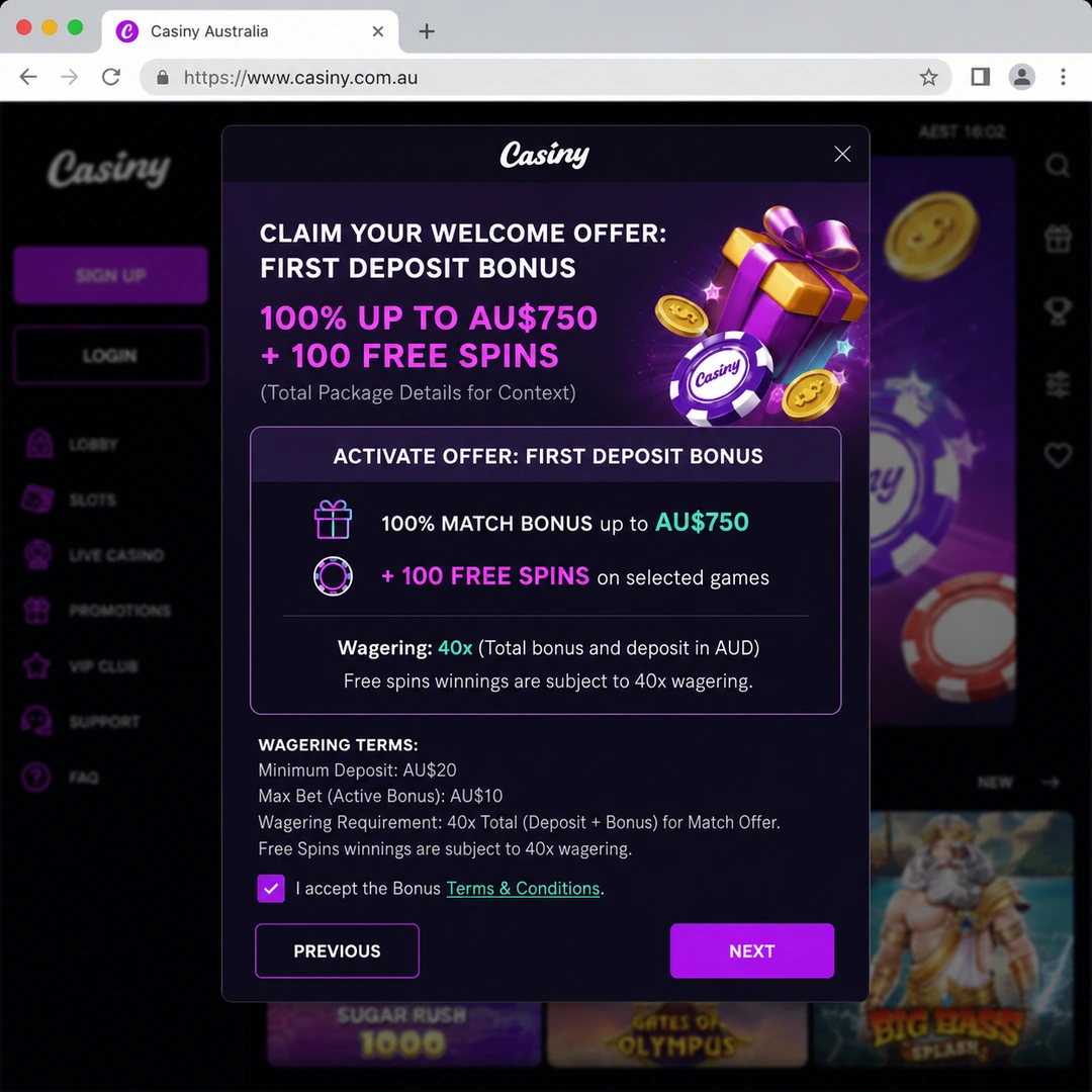 Casiny cashier displaying the first-deposit 125 percent match up to A$200 with 20 zero-wager free spins on Dragon Pearls, 40x wagering terms shown at the bottom.
