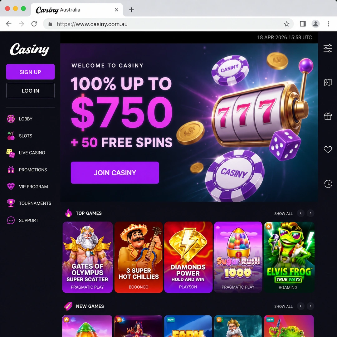 Casiny Casino homepage open in Chrome on 19 June 2026, with the A$750 five-deposit welcome banner and main navigation.