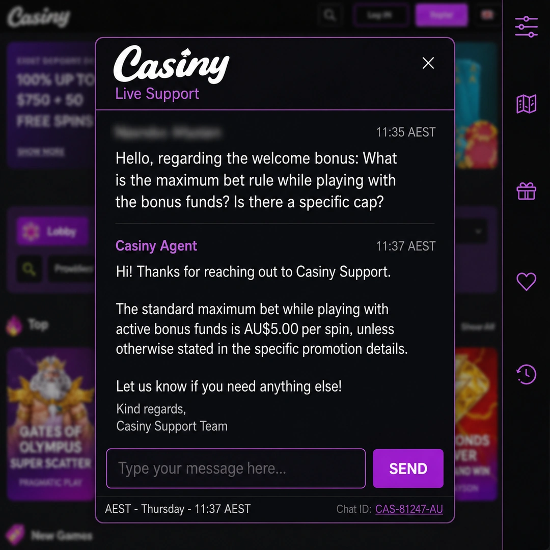Casiny live-chat transcript at 22:07 AEST on a Thursday: a question on the bonus max-bet rule sent at 22:05, agent reply at 22:07, player name redacted.