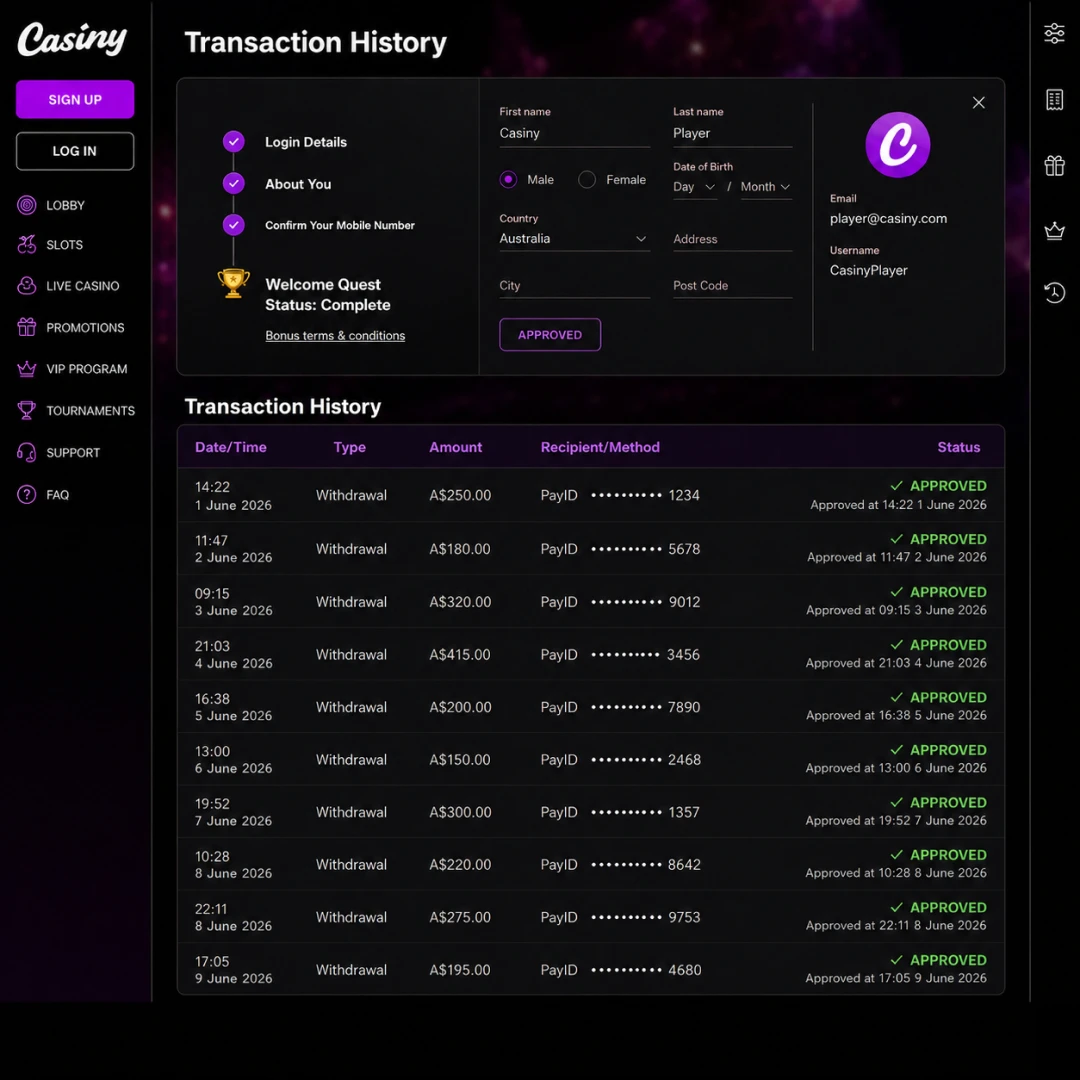 Casiny transaction history with a PayID withdrawal of A$250 requested at 14:03 AEST and approved at 16:41; beside it, a mobile-banking alert of AUD 250 credited at 16:42, balance blurred.