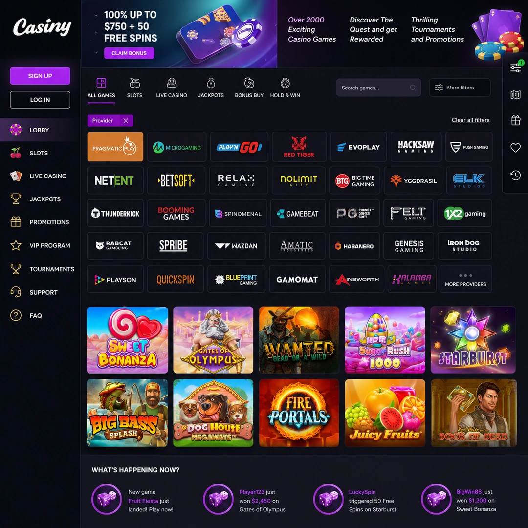 Casiny pokies lobby with the provider filter opened.