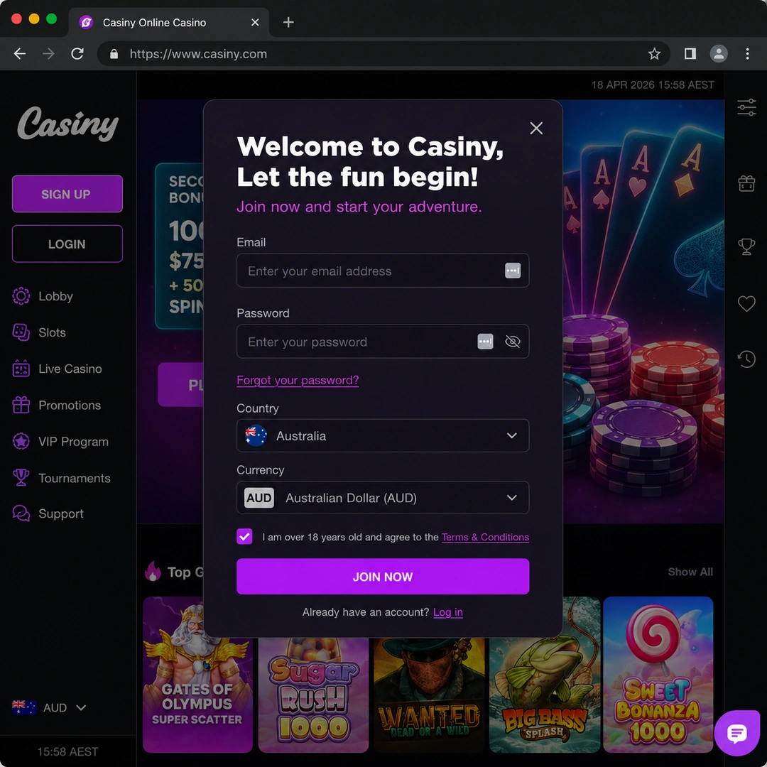 Casiny sign-up form with AUD as the base currency and the 18+ age confirmation checkbox; personal data fields redacted.